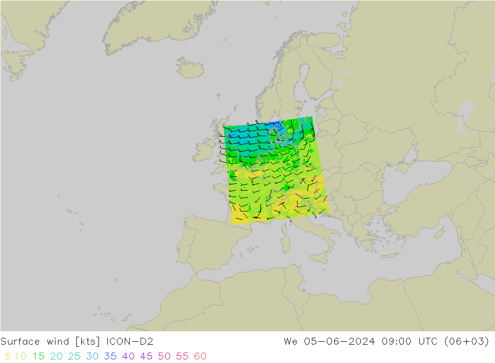 Surface wind ICON-D2 We 05.06.2024 09 UTC