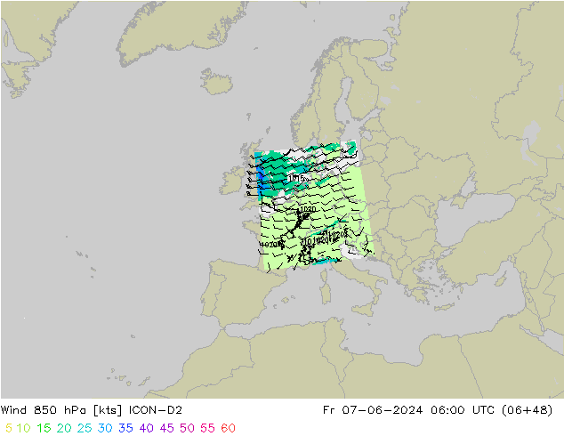 Vento 850 hPa ICON-D2 ven 07.06.2024 06 UTC