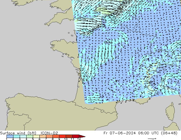 wiatr 10 m (bft) ICON-D2 pt. 07.06.2024 06 UTC