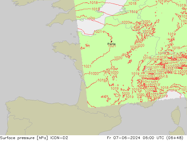 pressão do solo ICON-D2 Sex 07.06.2024 06 UTC