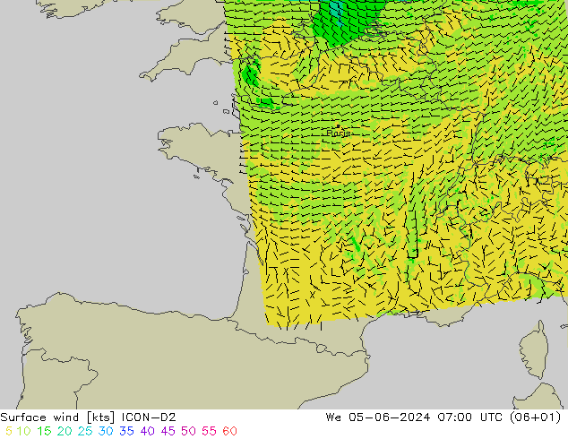 Surface wind ICON-D2 We 05.06.2024 07 UTC