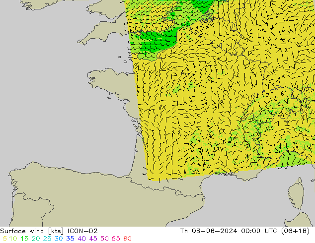 Surface wind ICON-D2 Th 06.06.2024 00 UTC