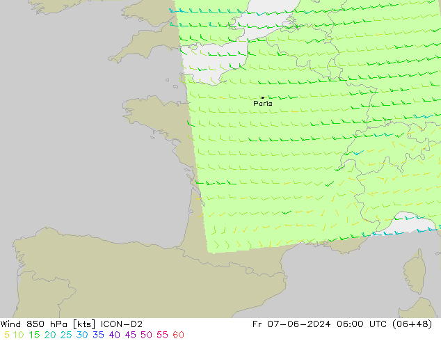 Wind 850 hPa ICON-D2 Fr 07.06.2024 06 UTC