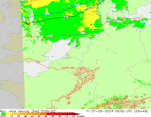 Max. wind velocity ICON-D2 Sex 07.06.2024 06 UTC