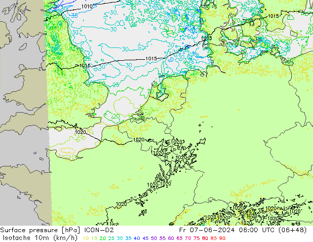 Isotachs (kph) ICON-D2 Fr 07.06.2024 06 UTC