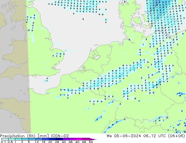 Precipitation (6h) ICON-D2 We 05.06.2024 12 UTC