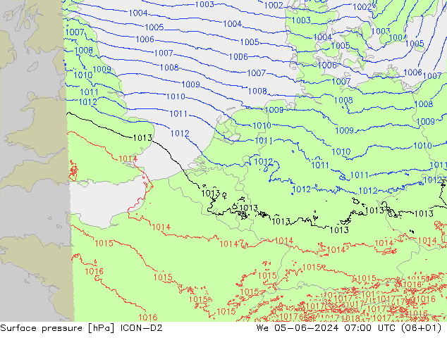 pressão do solo ICON-D2 Qua 05.06.2024 07 UTC