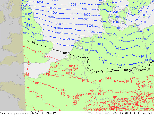 Surface pressure ICON-D2 We 05.06.2024 08 UTC