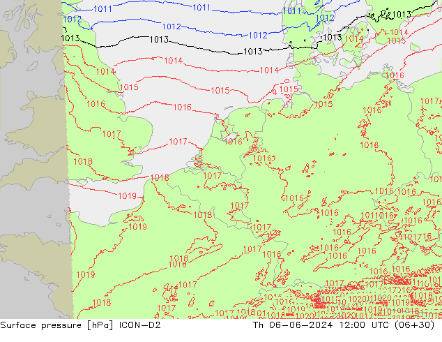 Surface pressure ICON-D2 Th 06.06.2024 12 UTC