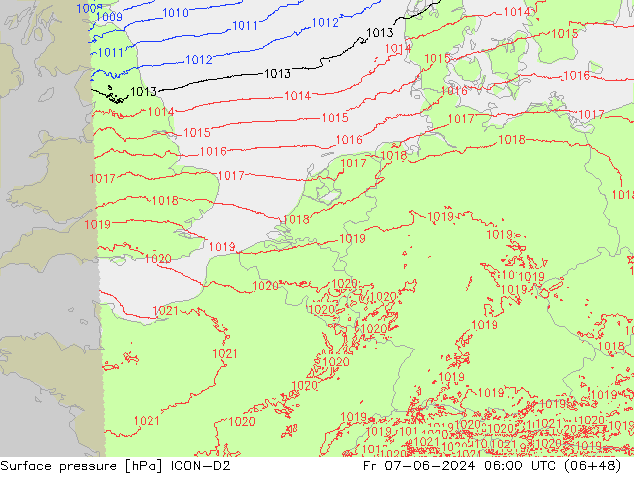 Surface pressure ICON-D2 Fr 07.06.2024 06 UTC