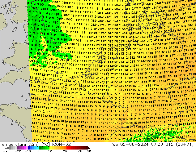 Temperature (2m) ICON-D2 We 05.06.2024 07 UTC