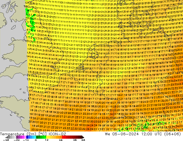 Temperature (2m) ICON-D2 We 05.06.2024 12 UTC