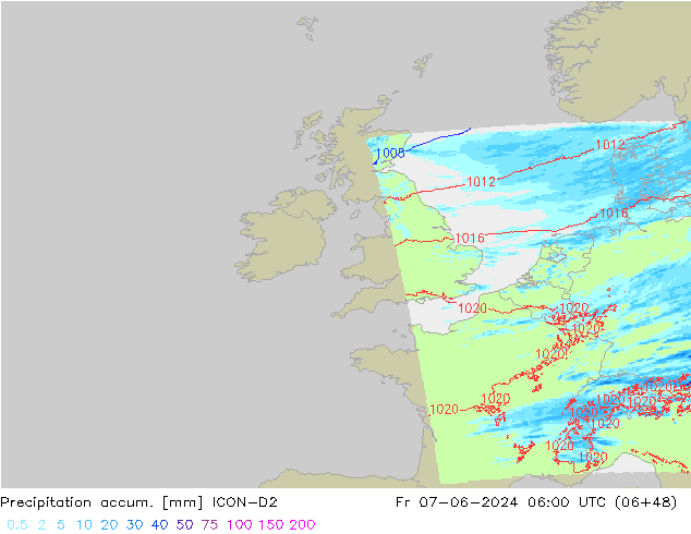 Precipitation accum. ICON-D2 Pá 07.06.2024 06 UTC