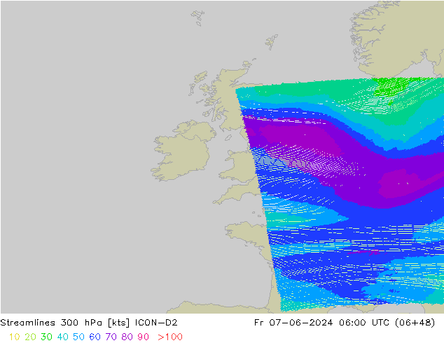 Stroomlijn 300 hPa ICON-D2 vr 07.06.2024 06 UTC