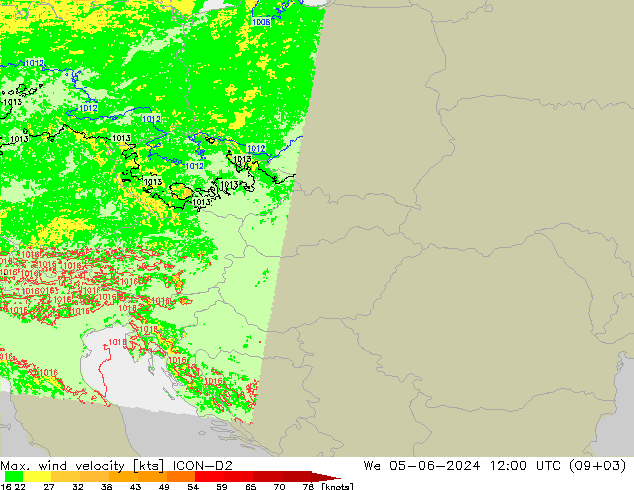 Max. wind snelheid ICON-D2 wo 05.06.2024 12 UTC