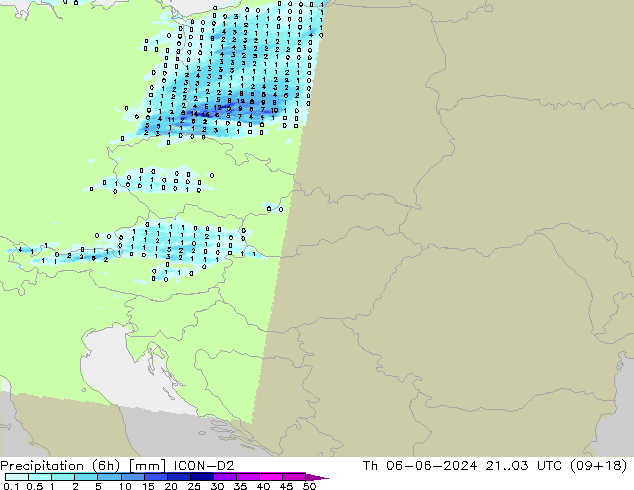 осадки (6h) ICON-D2 чт 06.06.2024 03 UTC
