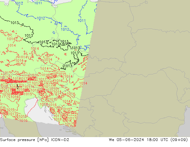 Pressione al suolo ICON-D2 mer 05.06.2024 18 UTC