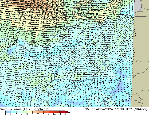 Wind 10 m (bft) ICON-D2 wo 05.06.2024 12 UTC