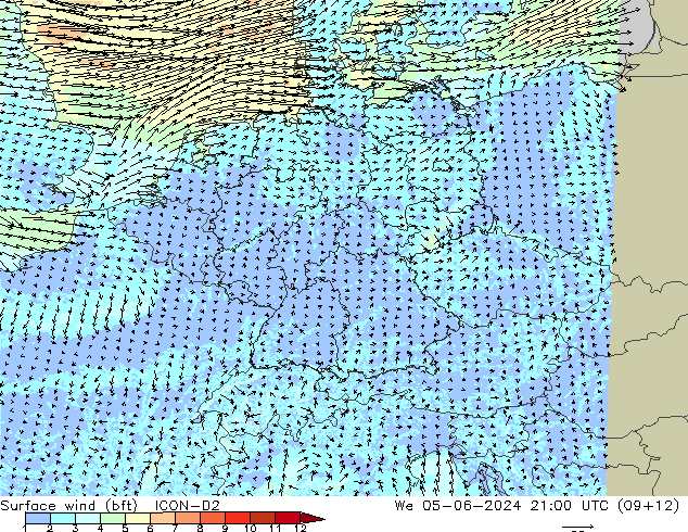 Surface wind (bft) ICON-D2 We 05.06.2024 21 UTC