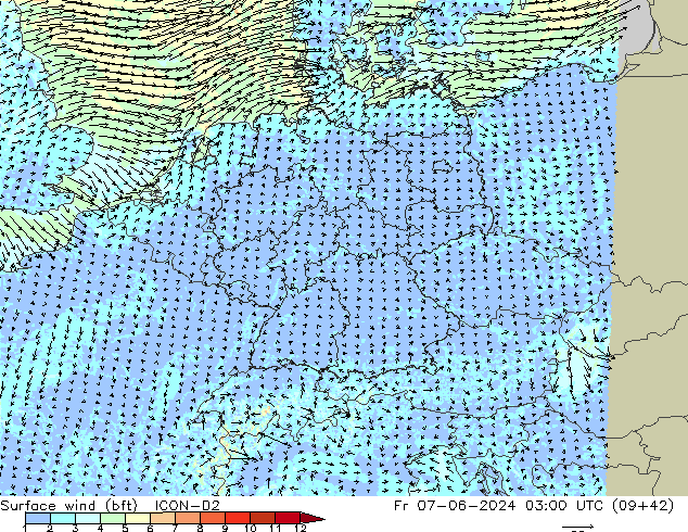 Surface wind (bft) ICON-D2 Fr 07.06.2024 03 UTC