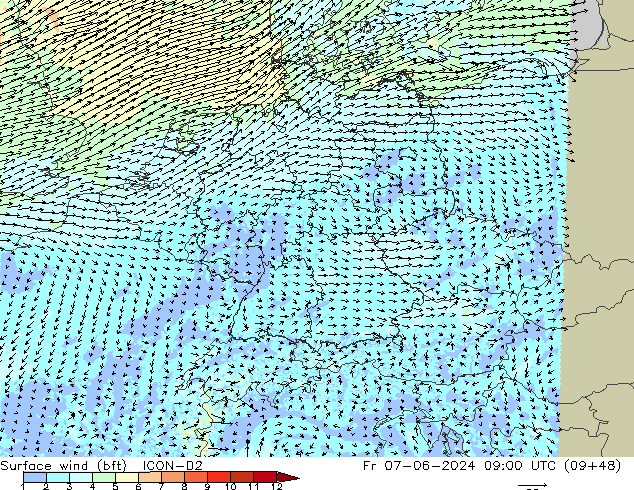 Viento 10 m (bft) ICON-D2 vie 07.06.2024 09 UTC