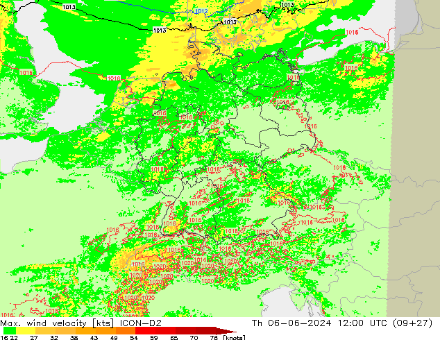 Max. wind velocity ICON-D2 jue 06.06.2024 12 UTC