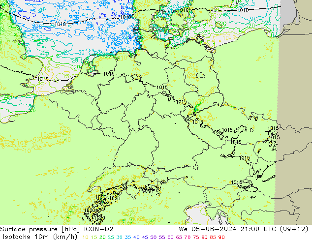 Isotachen (km/h) ICON-D2 Mi 05.06.2024 21 UTC