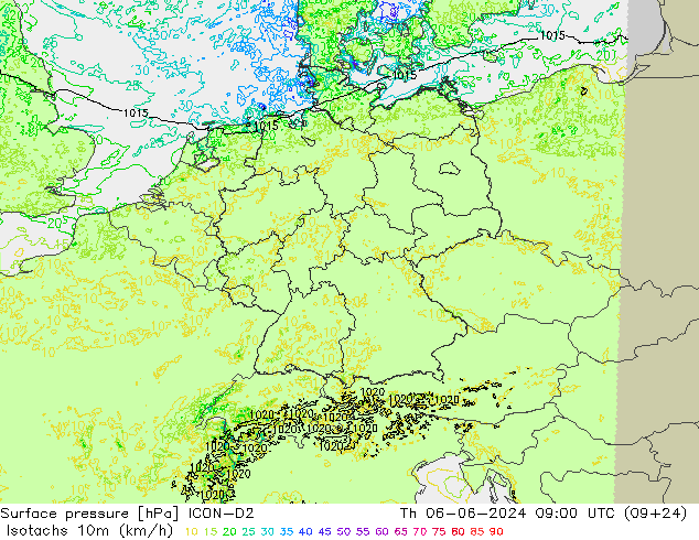 Eşrüzgar Hızları (km/sa) ICON-D2 Per 06.06.2024 09 UTC