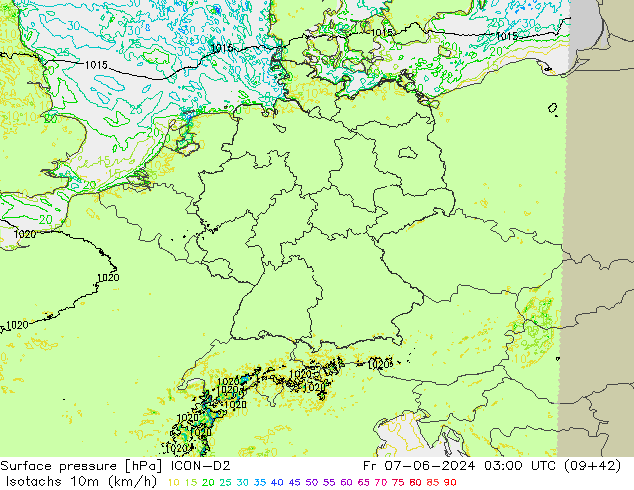 Isotachs (kph) ICON-D2  07.06.2024 03 UTC