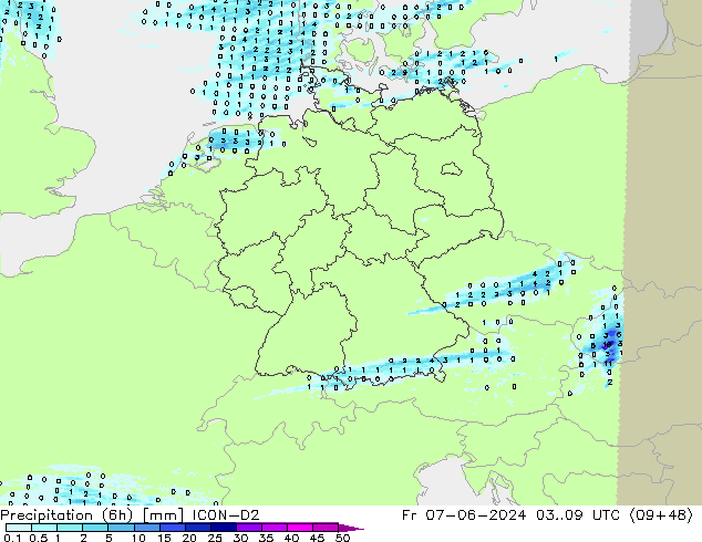 Precipitation (6h) ICON-D2 Fr 07.06.2024 09 UTC