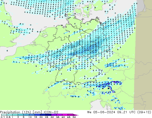 Totale neerslag (12h) ICON-D2 wo 05.06.2024 21 UTC