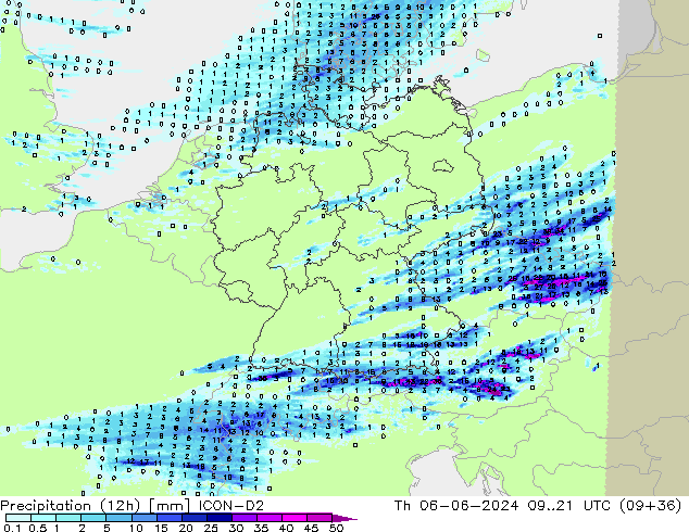 Precipitation (12h) ICON-D2 Čt 06.06.2024 21 UTC