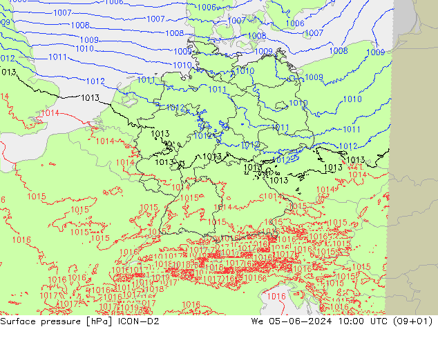 Pressione al suolo ICON-D2 mer 05.06.2024 10 UTC