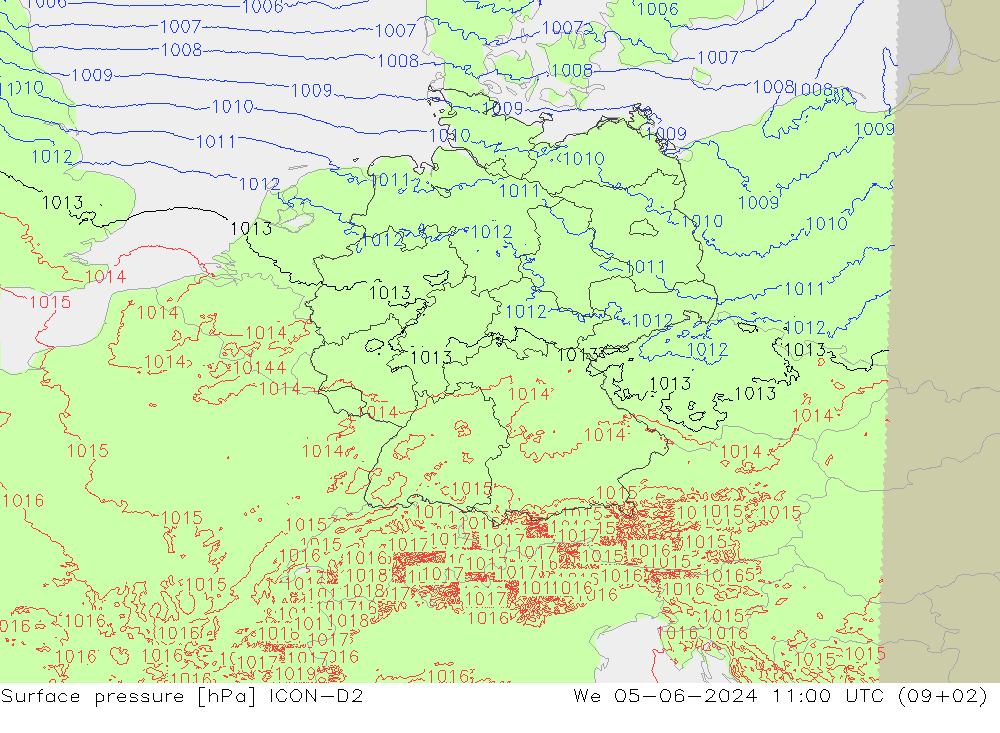 Presión superficial ICON-D2 mié 05.06.2024 11 UTC