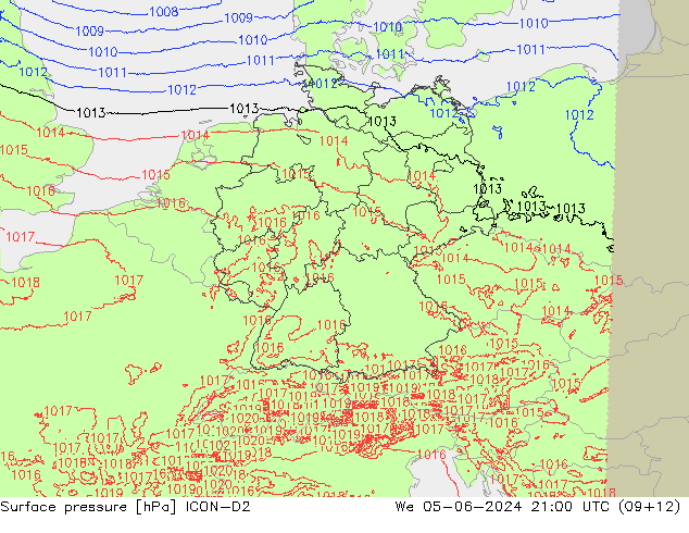 pressão do solo ICON-D2 Qua 05.06.2024 21 UTC