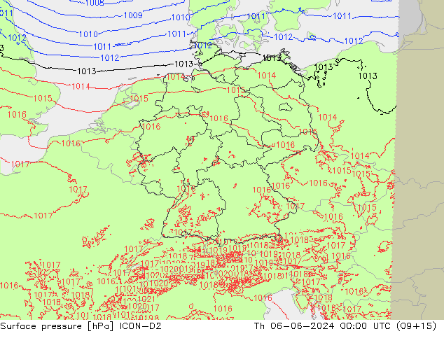 Atmosférický tlak ICON-D2 Čt 06.06.2024 00 UTC