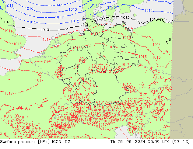 Surface pressure ICON-D2 Th 06.06.2024 03 UTC