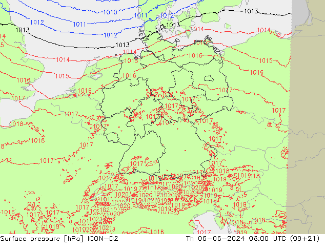 pression de l'air ICON-D2 jeu 06.06.2024 06 UTC