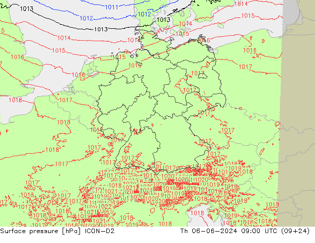 Presión superficial ICON-D2 jue 06.06.2024 09 UTC