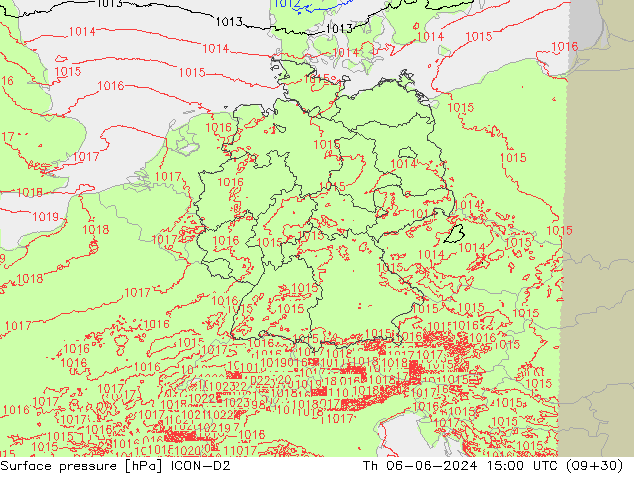 Surface pressure ICON-D2 Th 06.06.2024 15 UTC