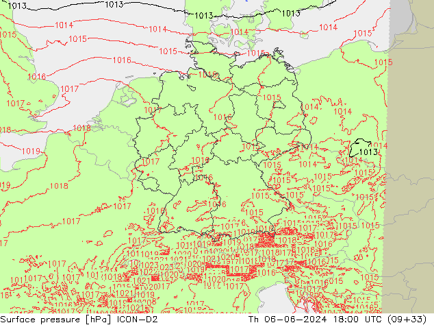 Atmosférický tlak ICON-D2 Čt 06.06.2024 18 UTC