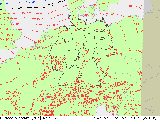 pressão do solo ICON-D2 Sex 07.06.2024 06 UTC