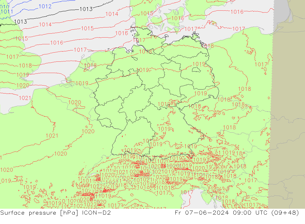 Surface pressure ICON-D2 Fr 07.06.2024 09 UTC