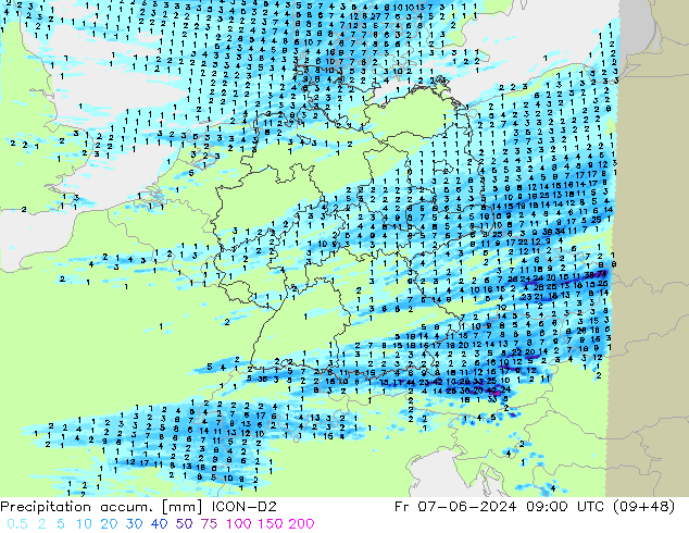 Precipitation accum. ICON-D2 Fr 07.06.2024 09 UTC