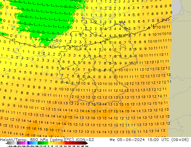 Height/Temp. 850 hPa ICON-D2 mer 05.06.2024 15 UTC