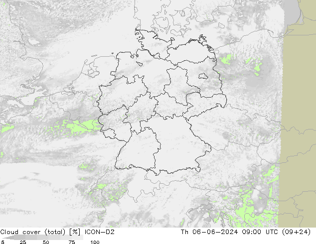 Cloud cover (total) ICON-D2 Th 06.06.2024 09 UTC