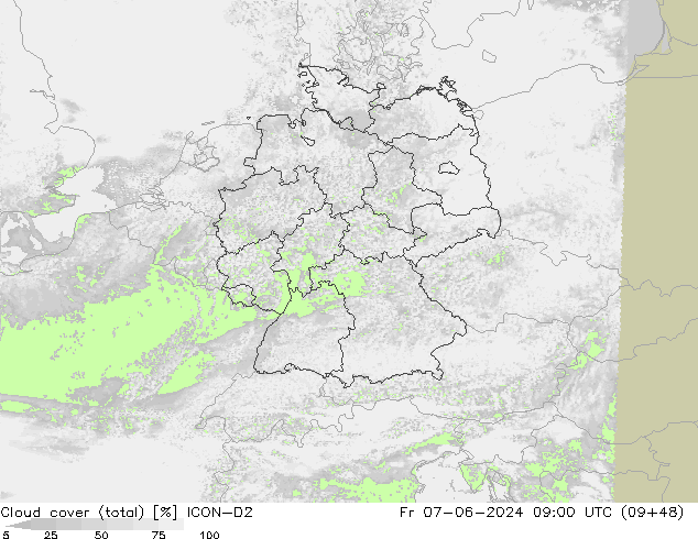 Cloud cover (total) ICON-D2 Pá 07.06.2024 09 UTC