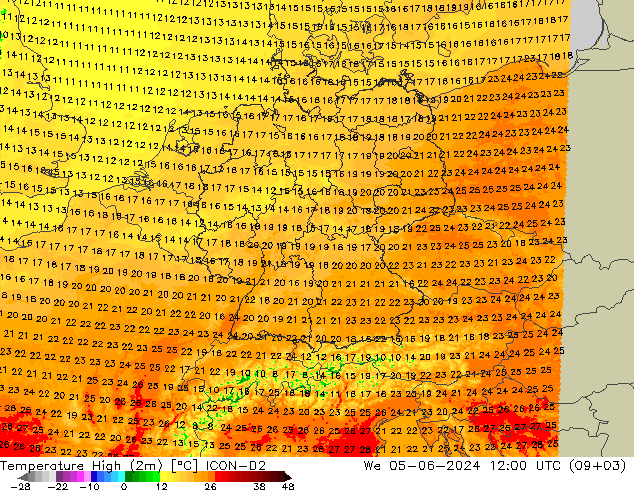 Temperature High (2m) ICON-D2 星期三 05.06.2024 12 UTC