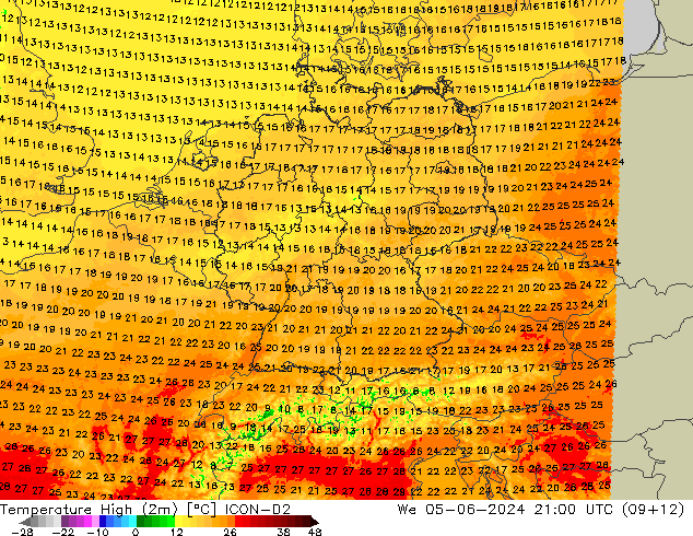 Nejvyšší teplota (2m) ICON-D2 St 05.06.2024 21 UTC