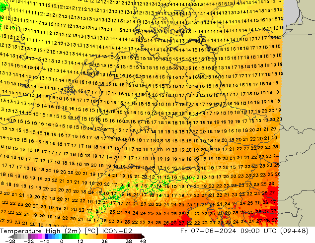 Nejvyšší teplota (2m) ICON-D2 Pá 07.06.2024 09 UTC